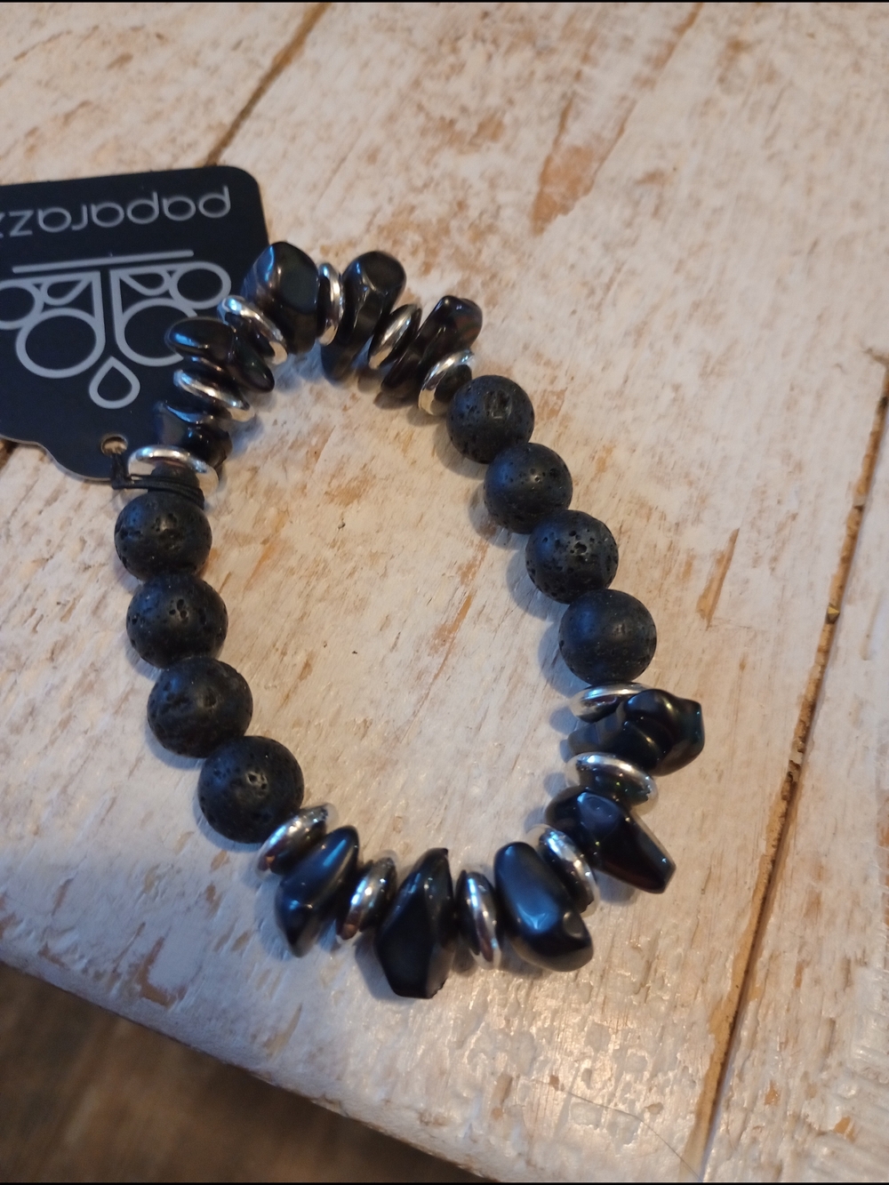 Men's Black Lava & Silver-tone Beaded Bracelet